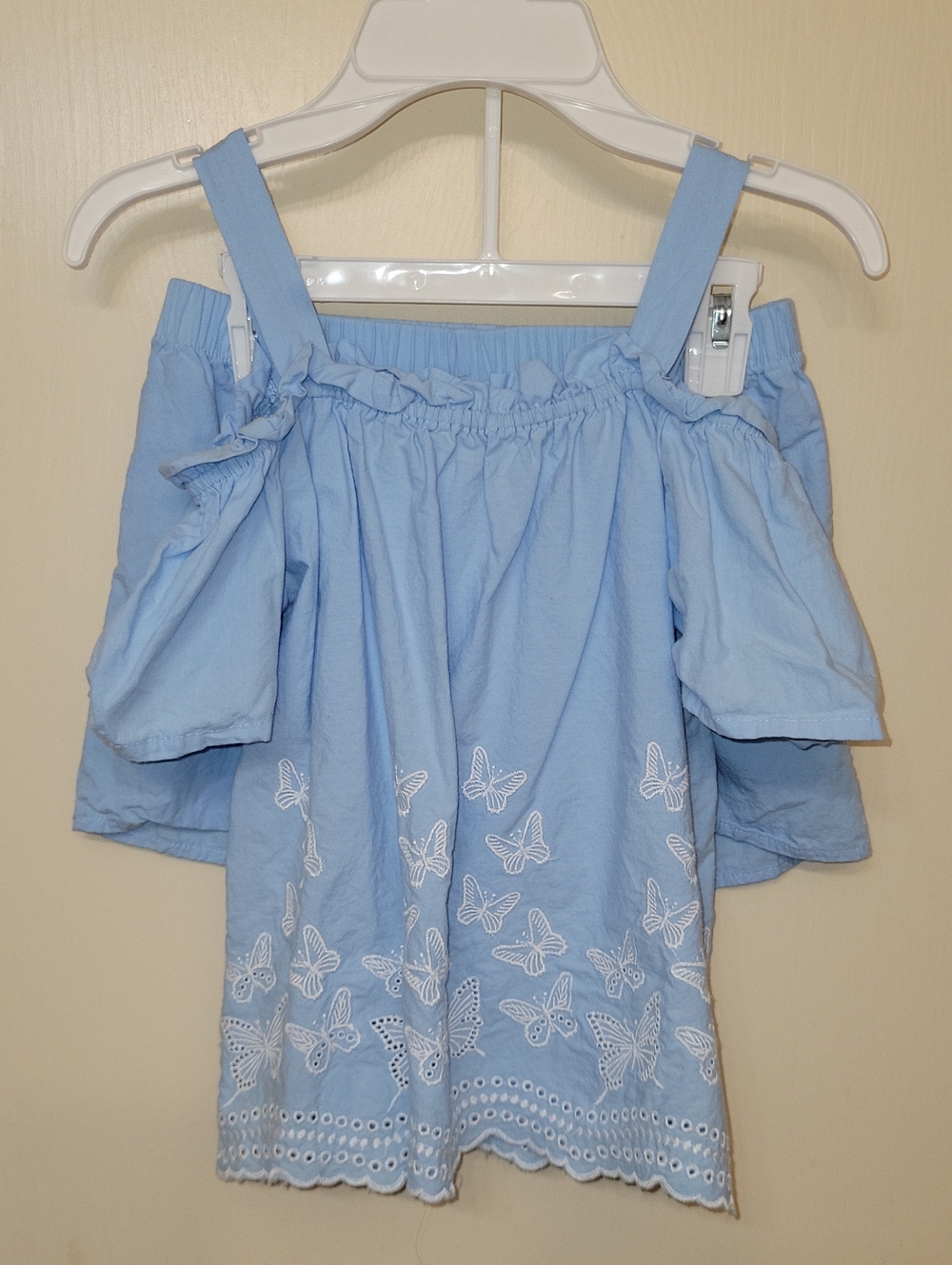 Girls Light Blue Off-Shoulder Butterfly Embroidered Top Set